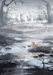 Size: 2480x3508 | Tagged: safe, artist:cmaggot, character:angel bunny, character:fluttershy, fog, in the distance, scenery, scenery porn, snow, swamp, tree