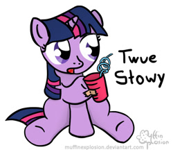 Size: 740x648 | Tagged: safe, artist:muffinexplosion, character:twilight sparkle, assisted hoof hold, crazy straw, cup, cute, female, filly, filly twilight sparkle, hoof hold, meme, parody, ponified, ponified meme, rage face, solo, straw, tape, true story, twiabetes, younger