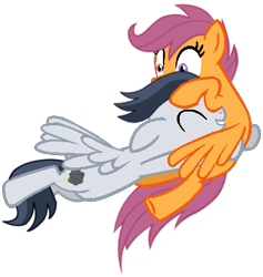 Size: 413x435 | Tagged: safe, artist:dreamcasterpegasus, character:rumble, character:scootaloo, species:pegasus, species:pony, ship:rumbloo, cute, female, floppy ears, flying, glomp, hug, male, shipping, smiling, straight, surprised, tackle
