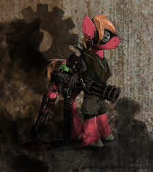Size: 800x900 | Tagged: safe, artist:nastylady, character:big mcintosh, species:earth pony, species:pony, abstract background, clothing, goggles, gun, male, minigun, solo, stallion, steampunk, weapon