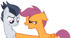 Size: 1200x649 | Tagged: safe, artist:dreamcasterpegasus, character:rumble, character:scootaloo, species:pegasus, species:pony, ship:rumbloo, drunk, drunkaloo, female, floppy ears, happy, male, shipping, smiling, straight