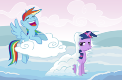 Size: 1022x672 | Tagged: safe, artist:gingermint, artist:icekatze, character:rainbow dash, character:twilight sparkle, cloud, cloudy, duo, eyes closed, ice, prank, snow, twilight is not amused, unamused