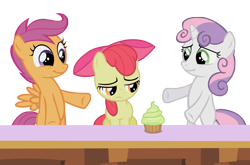 Size: 3000x1974 | Tagged: safe, artist:dipi11, character:apple bloom, character:scootaloo, character:sweetie belle, species:pegasus, species:pony, bipedal, cupcake, cutie mark crusaders, female, filly, sad, simple background, transparent background, vector