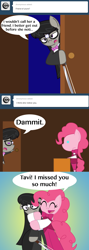 Size: 500x1399 | Tagged: safe, artist:sonic-chaos, character:octavia melody, character:pinkie pie, species:pony, ask, bipedal, bow tie, clothing, comic, dialogue, door, four string samurai, happy, hug, pointy ponies, smiling, speech bubble, vulgar