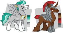 Size: 1280x664 | Tagged: safe, artist:ivyhaze, oc, oc only, species:pegasus, species:pony, species:unicorn, adoptable, armor, earring, freckles, goggles, male, reference sheet, stallion, unshorn fetlocks