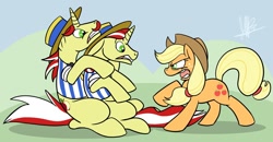 Size: 1100x572 | Tagged: safe, artist:secoh2000, character:applejack, character:flam, character:flim, flim flam brothers