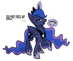 Size: 1280x1060 | Tagged: safe, artist:secoh2000, artist:venezolanbrony, character:princess luna, coffee, drink, female, frown, grumpy, looking at you, magic, raised hoof, simple background, solo, telekinesis, tired