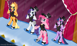 Size: 1000x596 | Tagged: safe, artist:ciscoql, character:applejack, character:pinkie pie, character:rarity, character:twilight sparkle, character:twilight sparkle (alicorn), species:alicorn, species:pony, episode:pinkie pride, g4, my little pony: friendship is magic, bipedal, clothing, female, grin, hat, looking at you, make a wish, mare, perspective, scene interpretation, smiling, top hat