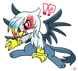 Size: 600x550 | Tagged: safe, artist:kyubi, character:rainbow dash, species:griffon, exclamation point, female, griffonized, interrobang, pixiv, question mark, rainbow griffon, simple background, solo, species swap, sweat, sweatdrop, white background