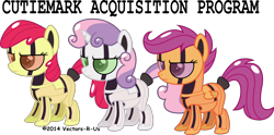 Size: 7000x3480 | Tagged: safe, artist:apony4u, character:apple bloom, character:scootaloo, character:sweetie belle, species:earth pony, species:pegasus, species:pony, species:unicorn, friendship is witchcraft, sweetie bot, apple bloom bot, blank flank, cutie mark acquisition program, cutie mark crusaders, female, filly, foal, hooves, horn, robot, robot pony, scootabot, text, wings