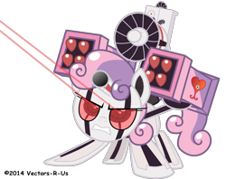Size: 5000x3966 | Tagged: safe, artist:apony4u, character:sweetie belle, species:pony, species:unicorn, sweetie bot, female, filly, foal, hooves, horn, laser pointer, robot, simple background, solo, teeth, weapon, white background