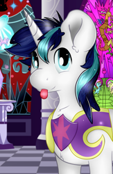 Size: 2277x3500 | Tagged: safe, artist:slendidnt, artist:vocalmaker, character:shining armor, species:pony, species:unicorn, armor, blep, canterlot, canterlot castle, cute, looking at you, male, shining adorable, silly, silly pony, smiling, solo, stallion, tongue out