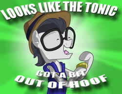 Size: 730x562 | Tagged: safe, artist:trace-101, character:silver shill, species:earth pony, species:pony, episode:leap of faith, g4, my little pony: friendship is magic, bits, clothing, eyes closed, glasses, green background, hat, male, pun, simple background, solo, stallion, tonic