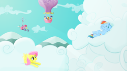 Size: 2560x1440 | Tagged: safe, artist:regolithx, character:applejack, character:fluttershy, character:pinkie pie, character:rainbow dash, character:rarity, character:spike, character:twilight sparkle, cloud, cloudy, flying, hot air balloon, mane seven, pinkiecopter, sinking, twinkling balloon