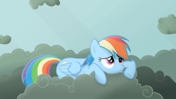 Size: 2560x1440 | Tagged: safe, artist:regolithx, character:rainbow dash, cloud, cloudy, female, pouting, sad, solo, wallpaper