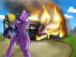 Size: 1600x1200 | Tagged: safe, artist:conicer, character:twilight sparkle, species:pony, species:unicorn, g4, arson, burning, cover, dmv, fanfic, fanfic art, fanfic cover, female, fire, insanity, levitation, magic, mare, solo, telekinesis, this ended in fire, twilight snapple