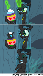 Size: 2560x4482 | Tagged: safe, artist:astringe, character:queen chrysalis, species:changeling, cute, cutealis, cuteling, easter, easter egg, egg, eyes closed, grin, hug, mommy chrissy, nymph, painting, scrunchy face, smiling, surprised, wide eyes