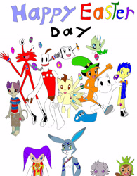Size: 2454x3154 | Tagged: safe, artist:pokeneo1234, character:pound cake, character:pumpkin cake, bloo (foster's), bunnymund, celebi, chespin, crossover, don't hug me i'm scared, easter, easter egg, espurr, foster's home for imaginary friends, gregory horror show, klaymen, manny reginald, mass crossover, moomins, moomintroll, neko zombie, nights, nights into dreams, notepad (dhmis), pokémon, rise of the guardians, the neverhood, wander (wander over yonder), wander over yonder, wilt (foster's home for imaginary friends)