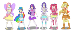 Size: 6000x2500 | Tagged: safe, artist:applestems, character:applejack, character:fluttershy, character:pinkie pie, character:rainbow dash, character:rarity, character:twilight sparkle, clothing, costume, dress, evening gloves, humanized, line-up, magical girl, mary janes, poofy shoulders, skirt
