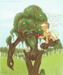 Size: 847x1000 | Tagged: safe, artist:pooryorick, character:applejack, character:bloomberg, species:earth pony, species:pony, apple, apple tree, beard, duo, ent, facial hair, female, food, lord of the rings, mare, tree