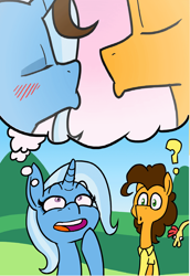 Size: 1280x1856 | Tagged: safe, artist:grandpalove, edit, character:boneless, character:cheese sandwich, character:trixie, blushing, cheesixie, female, imminent kissing, kissing, male, shipping, straight, thought bubble, trixie's cheesy thought