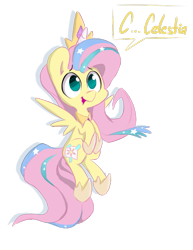Size: 511x663 | Tagged: safe, artist:spaerk, character:fluttershy, character:princess celestia, species:pony, clothing, costume, fake cutie mark, female, mare, open mouth, shylestia, solo