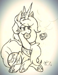 Size: 1280x1670 | Tagged: safe, artist:wirelesspony, character:princess celestia, coffee, cup, donut, female, mornings, solo, traditional art