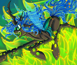 Size: 1000x850 | Tagged: safe, artist:rozga, character:queen chrysalis, species:changeling, g4, changeling queen, female, fire, open mouth, profile, solo