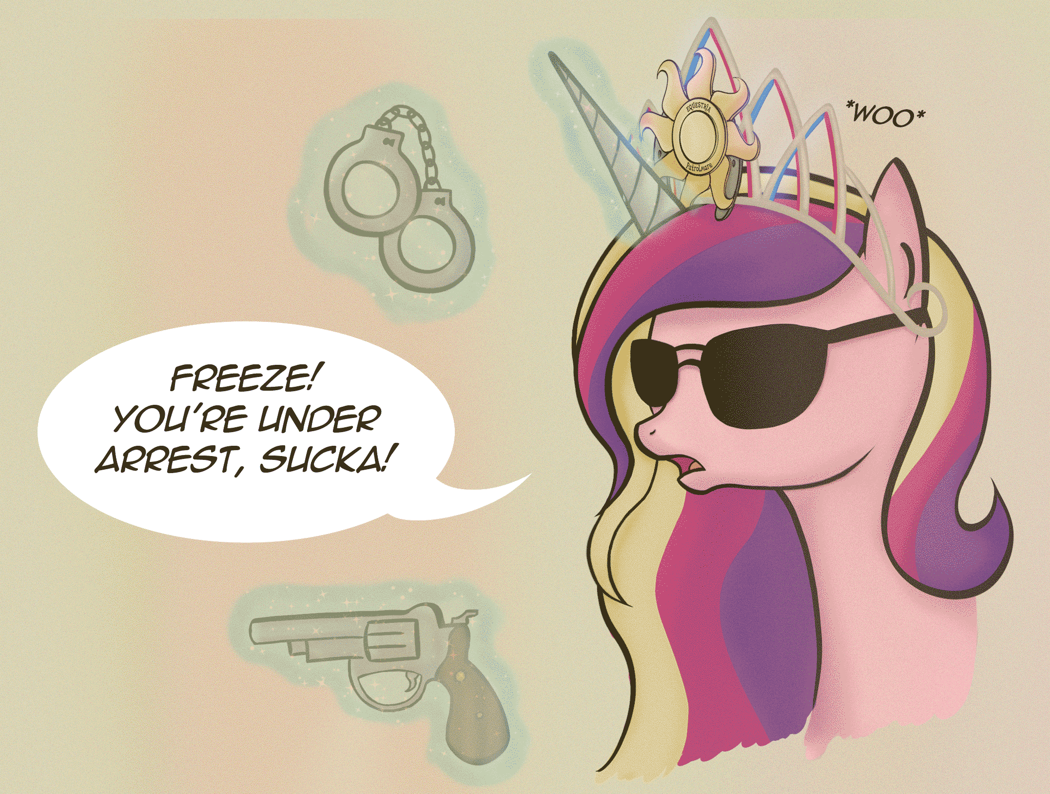 Size: 2154x1628 | Tagged: safe, artist:iraincloud, character:princess cadance, animated, ask, female, gun, police officer, solo, sunglasses