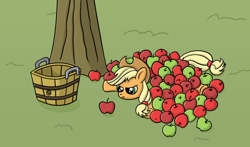 Size: 1232x724 | Tagged: safe, artist:muffinexplosion, character:applejack, species:pony, apple, applebucking, applejack is not amused, basket, fail, female, pile, prone, solo, who's a silly pony