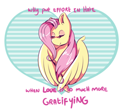 Size: 1280x1144 | Tagged: safe, artist:rubyrue, character:fluttershy, eyes closed, female, good advice, heart, love, motivational, mouthpiece, positive message, positive ponies, solo, subversive kawaii
