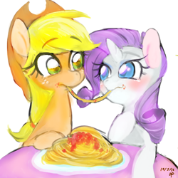 Size: 600x600 | Tagged: safe, artist:kyubi, character:applejack, character:rarity, species:earth pony, species:pony, species:unicorn, ship:rarijack, blushing, eating, female, food, lady and the tramp, lesbian, looking at each other, mare, pasta, shipping, spaghetti, spaghetti scene