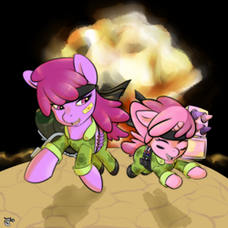 Size: 2000x2000 | Tagged: safe, artist:tentacuddles, character:berry punch, character:berryshine, character:ruby pinch, camouflage, explosion, high res