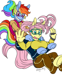 Size: 1000x1250 | Tagged: safe, artist:rozga, character:fluttershy, character:rainbow dash, species:anthro, species:unguligrade anthro, air ponyville, breasts, busty fluttershy, clothing, female, goggles, parachute, skydiving, underhoof