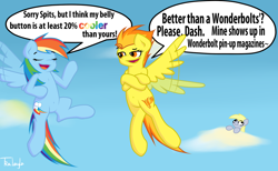 Size: 1538x948 | Tagged: safe, artist:tralalayla, character:derpy hooves, character:rainbow dash, character:spitfire, species:pegasus, species:pony, 20% cooler, :t, belly button, brag, cloud, competition, cutie mark, dialogue, eyes closed, female, flapping, magazine, mare, open mouth, smiling, smug, speech bubble, wings, wonderbolts