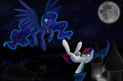 Size: 992x660 | Tagged: safe, artist:ciscoql, character:princess luna, oc, oc:winter blossom, species:alicorn, species:bat pony, species:pony, bat pony oc, bat wings, canterlot castle, flying, moon, night, wings
