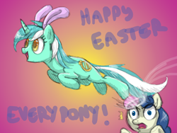 Size: 2400x1800 | Tagged: safe, artist:dawnmistpony, character:bon bon, character:lyra heartstrings, character:sweetie drops, bon bon is not amused, bunny ears, duo, easter, jumping