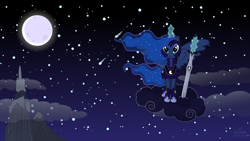 Size: 15360x8640 | Tagged: safe, artist:proenix, character:princess luna, absurd resolution, armor, cloud, cloudy, female, lidded eyes, looking at you, magic, moon, mountain, night, sitting, sky, smiling, solo, stars, stormcloud, sword, telekinesis, warrior luna, weapon