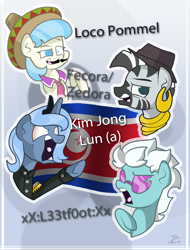 Size: 950x1252 | Tagged: safe, artist:trace-101, character:coco pommel, character:fleetfoot, character:princess luna, character:zecora, species:zebra, angry, clothing, fedora, hat, insanity, kim jong-un, l3etf0ot, mexican, north korea, open mouth, pun, s1 luna, salute, signature, smiling, sombrero, sunglasses, tongue out, trilby, underhoof, uniform, wide eyes, yelling