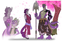 Size: 3600x2400 | Tagged: safe, artist:smilingdogz, character:rarity, character:spike, species:anthro, species:dragon, species:unguligrade anthro, ship:sparity, abs, ambiguous facial structure, bare chest, cherry blossoms, clothing, cloven hooves, dress, female, grin, halberd, male, manly, older, pants, prehensile tail, shipping, simple background, smiling, spear, straight, tail hold, tattoo, topless, tree, unshorn fetlocks, weapon, white background