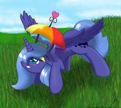 Size: 880x780 | Tagged: safe, artist:sonicrainboom93, character:princess luna, species:pony, clothing, female, grass, hat, s1 luna, solo, umbrella hat, woona, worried