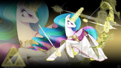 Size: 1920x1080 | Tagged: safe, artist:ciscoql, character:princess celestia, arrow, bow (weapon), bow and arrow, clothing, cosplay, costume, crossover, dress, female, frown, glare, hyrule warriors, looking back, magic, princess zelda, raised hoof, solo, sword, telekinesis, the legend of zelda, triforce, wallpaper, warrior celestia, weapon, zoom layer