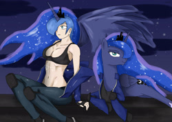 Size: 2700x1913 | Tagged: safe, artist:mlj-lucarias, character:princess luna, species:human, abs, bedroom eyes, belly button, belly chain, cleavage, clothing, female, fingerless gloves, gloves, hair over one eye, human ponidox, humanized, looking at you, midriff, ponidox, prone, sitting, smiling