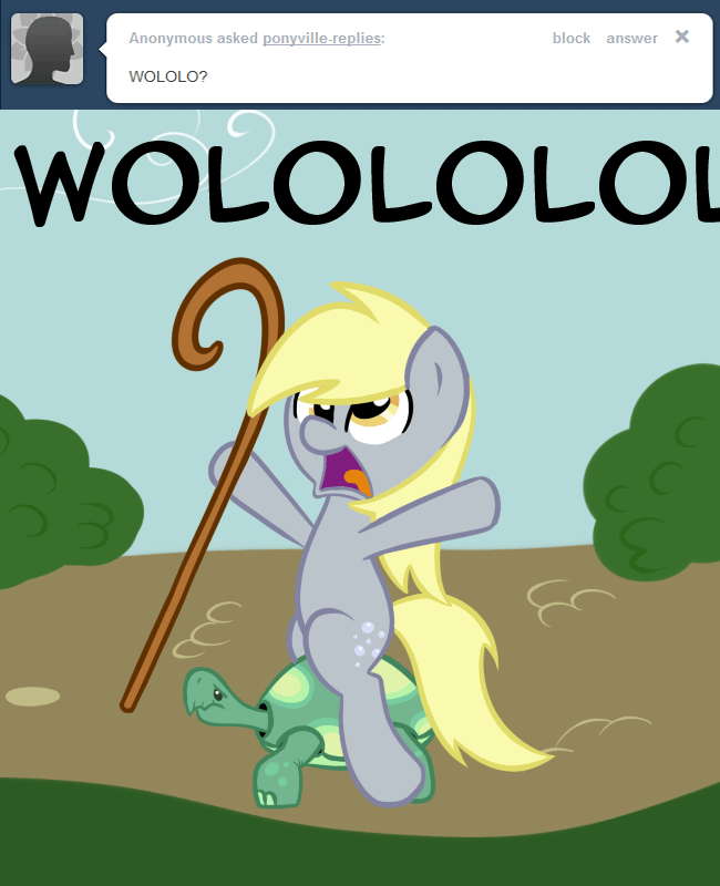 Size: 650x800 | Tagged: dead source, safe, artist:spaerk, character:derpy hooves, character:tank, species:pegasus, species:pony, age of empires, animated, female, frown, hoof hold, mare, open mouth, riding, rts, staff, turtle, wololo