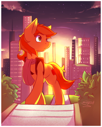 Size: 820x1027 | Tagged: dead source, safe, artist:imspainter, character:braeburn, species:earth pony, species:pony, city, cityscape, clothing, cloud, cloudy, cute, featured on derpibooru, glow, male, scarf, solo, stars, sunset