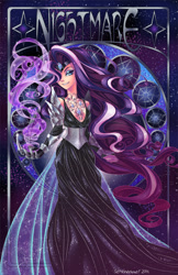 Size: 777x1200 | Tagged: safe, artist:semehammer, character:nightmare rarity, character:rarity, species:human, armor, clothing, dress, female, humanized, jewelry, looking at you, magic, smiling, solo