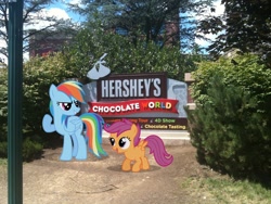Size: 2048x1536 | Tagged: safe, artist:anxet, artist:dreamcasterpegasus, character:rainbow dash, character:scootaloo, species:pegasus, species:pony, building, hershey kisses, irl, park, pennsylvania, photo, ponies in real life, shrub, sign, tree, vector