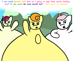 Size: 1384x1086 | Tagged: safe, artist:askchubbytwilight, character:carrot top, character:golden harvest, character:nurse redheart, character:roseluck, angry, chubby, fat, sad
