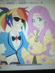 Size: 960x1280 | Tagged: safe, artist:semehammer, character:fluttershy, character:rainbow dash, species:human, clothing, dress, humanized, smiling, suit, sunglasses, wip