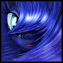 Size: 839x840 | Tagged: safe, artist:lova-gardelius, character:princess luna, alternate hairstyle, bangs, bust, female, hair over eyes, hair over one eye, looking at you, portrait, solo